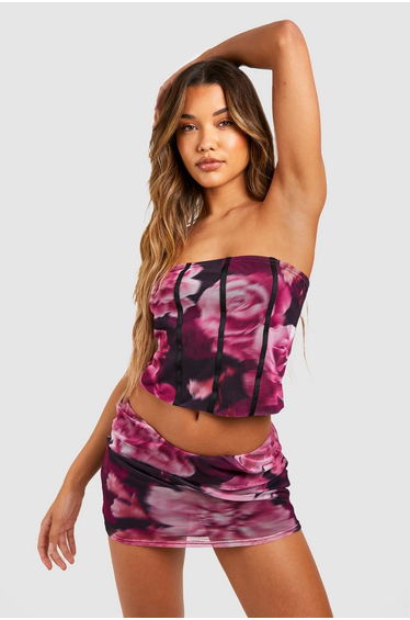 Large Floral Print Corset & Mid Rise Mini Skirt Set - violet