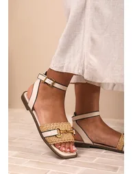 CATELYN PU STRAW DETAIL STRAP SANDALS  WITH BUCKLE CLOSURE IN CREAM FAUX LEATHER