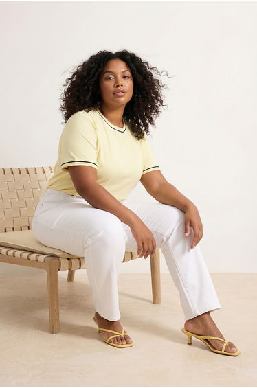Yellow Crew Neck Piped Detail Basic Plus Size T-Shirt
