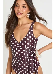 Polka Dot Tummy Control Wrap Detail Swimsuit - chocolate - 2