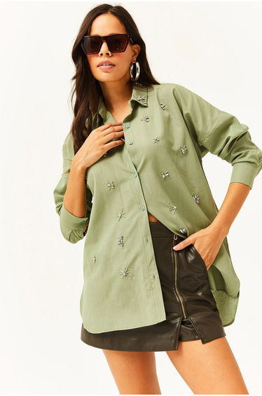 Women's Mustard Green Six Oval Woven Shirt with Stones on the Collar and Front