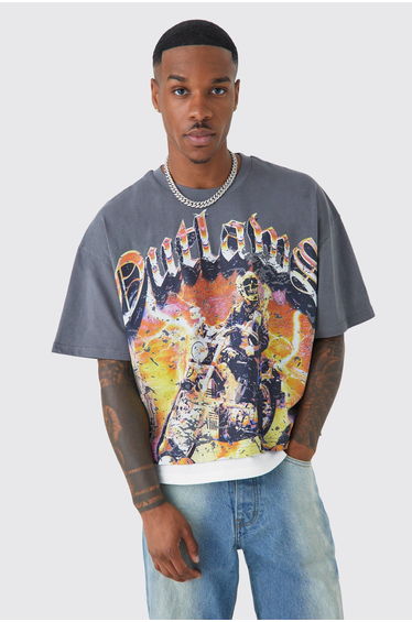 Oversized Boxy Outlaws Faux Layer T-shirt - dark grey