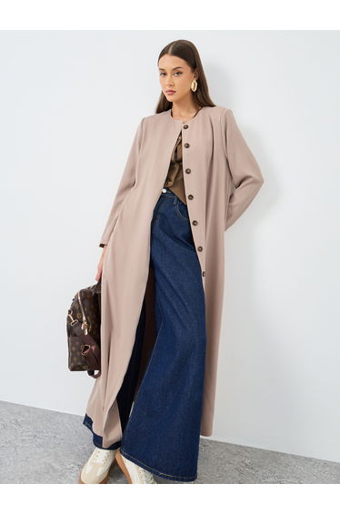 Solid Round Neck Open Front Abaya with Button Detail