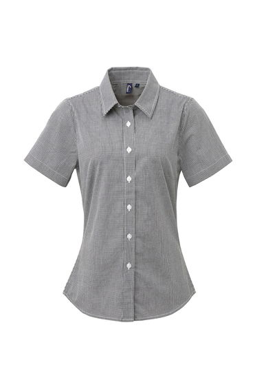 Premier Womens/Ladies Microcheck Short Sleeve Cotton Shirt - Black/White