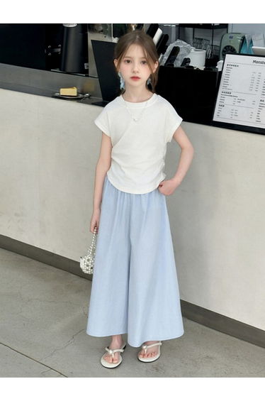Girls Solid Ruched Detail T-Shirt and Wide Leg Pants Set