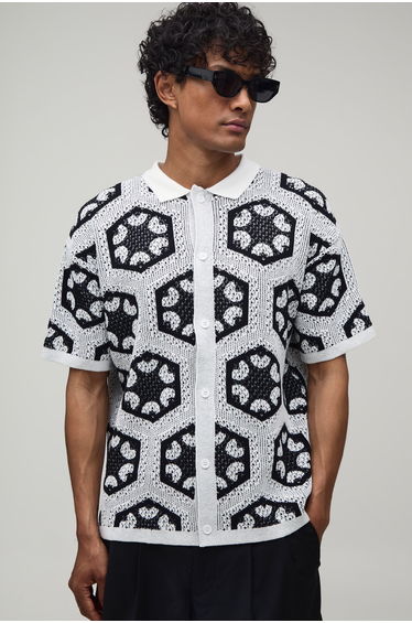 Relaxed Crochet Tapestry Knitted Shirt - black
