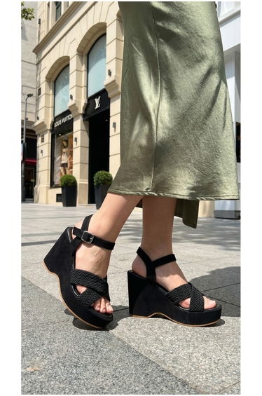 Women's Black Suede Wedge Heels Shoes 15938