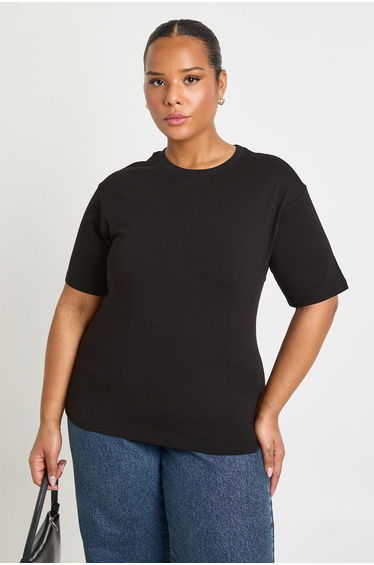 Plus Corset Detail Crew Neck Top - black