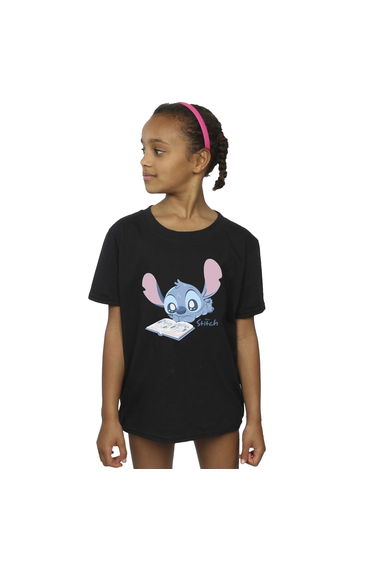 Lilo & Stitch Girls Reading Lying Down Cotton T-Shirt - Black