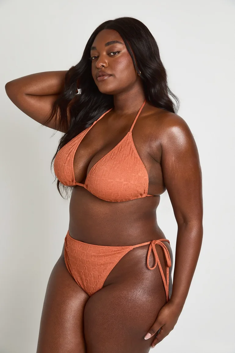 Plus Textured Tie Side Triangle Bikini Set - terracotta - 2