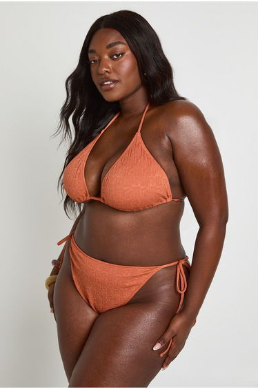 Plus Textured Tie Side Triangle Bikini Set - terracotta