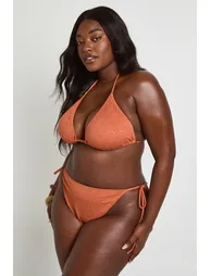 Plus Textured Tie Side Triangle Bikini Set - terracotta