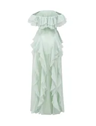 فستان سانفير شيفون أخضر طول الأرض على شكل حرف A بلا أكتاف - 7