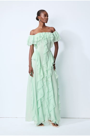 Every Love Song Green Off-The-Shoulder Ruffle Maxi Dress