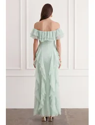 فستان سانفير شيفون أخضر طول الأرض على شكل حرف A بلا أكتاف - 4