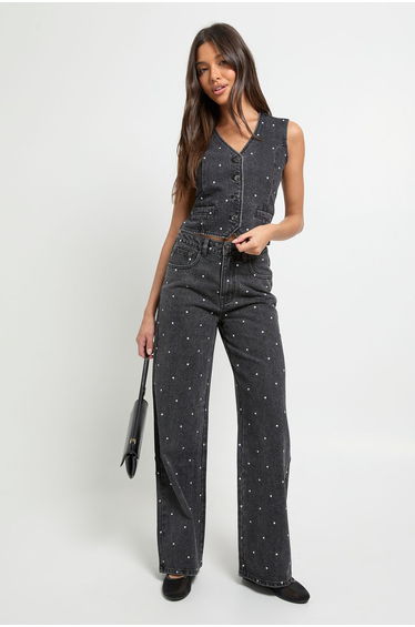 Studded Denim Waistcoat - washed black