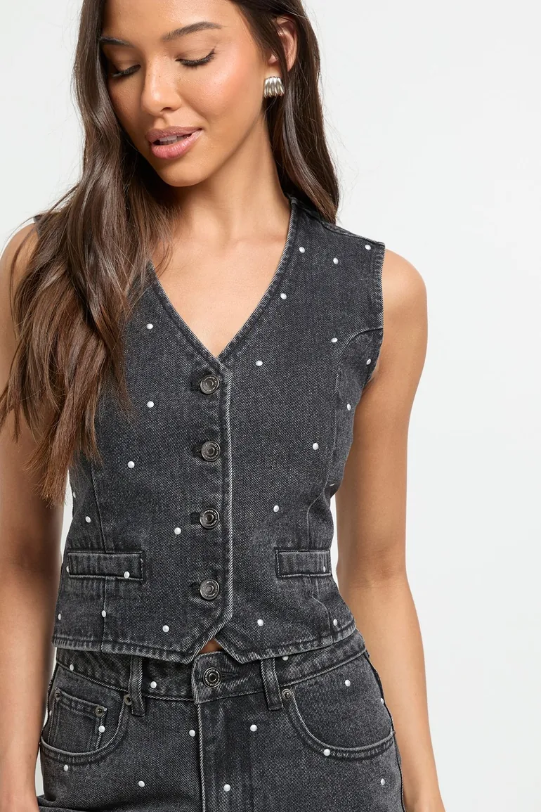 Studded Denim Waistcoat - washed black - 3