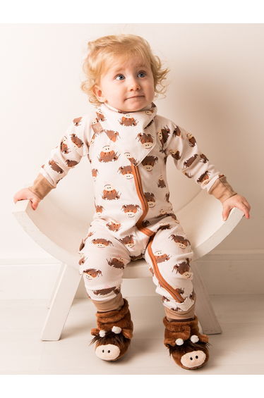 Neutral Hamish Highland Cow Zip-Up Romper