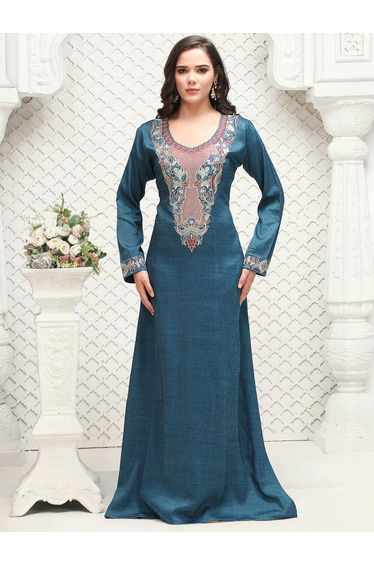 Blue Embroidery Handwork V Neck Jalabiya