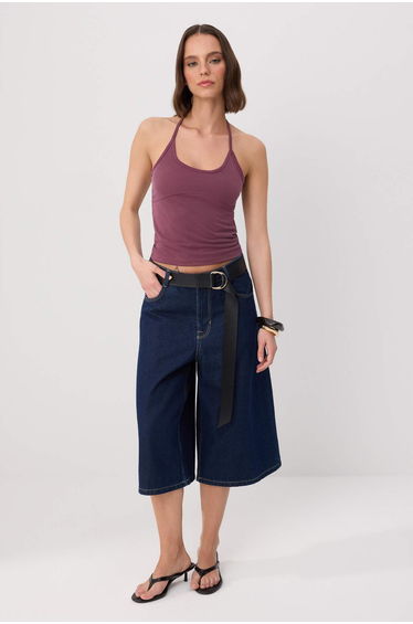 Plum Plain Fitted-Fitting Halter Neckline Knitted Blouse