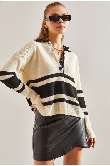 Women's Polo Neck Buttoned Knitwear Sweater