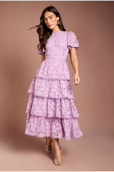 Tiered Lace Dress With Flutter Sleeve & Trims