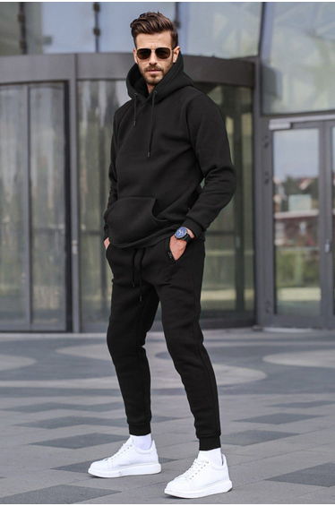 Black Hooded Basic Tracksuit Set