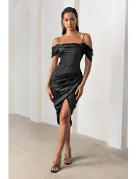 Deserving | Black Satin Bardot Sleeve Corset Wrap Midi Dress - 3
