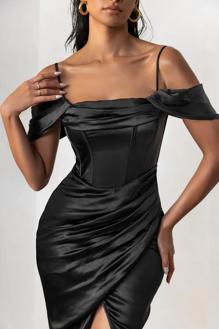 Deserving | Black Satin Bardot Sleeve Corset Wrap Midi Dress - 1