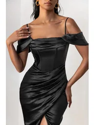 Deserving | Black Satin Bardot Sleeve Corset Wrap Midi Dress - 1