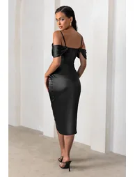 Deserving | Black Satin Bardot Sleeve Corset Wrap Midi Dress - 2