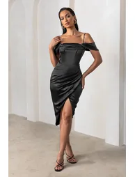 Deserving | Black Satin Bardot Sleeve Corset Wrap Midi Dress
