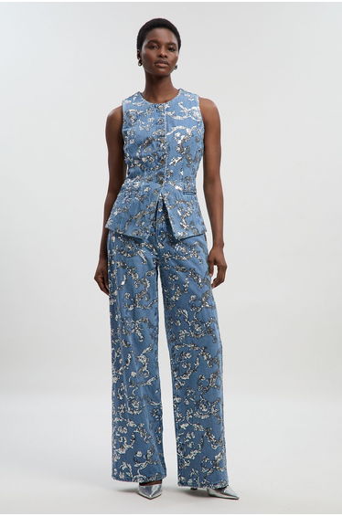Sequin Denim Wide Leg Jeans