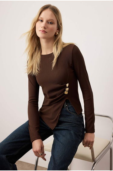 Brown Accessory Detailed Bodycon Stretchy Knitted top