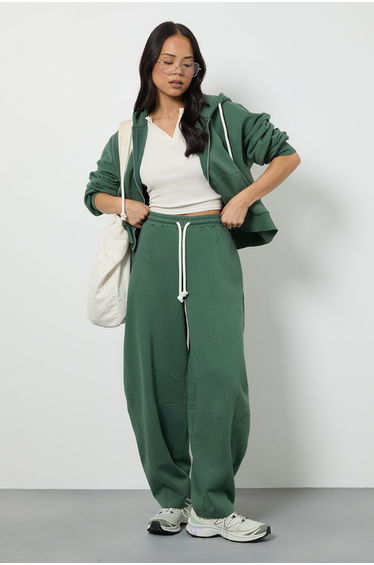 Contrast Drawcord Oversized Hoodie Tracksuit - green
