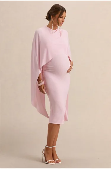 Arwen | Light Pink Round-Neck Maternity Midi Dress With Cape Detail
