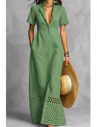 Split-Front Solid Color Pockets Hollow Elasticity Buttoned Short Sleeves Loose Lapel Maxi Dresses - 1