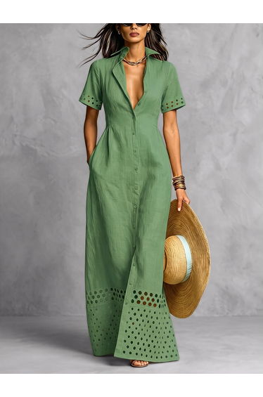 Split-Front Solid Color Pockets Hollow Elasticity Buttoned Short Sleeves Loose Lapel Maxi Dresses