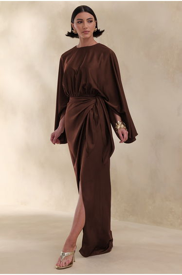 Delphina | Brown Satin Maxi Dress With Gathered And Knot-Detail
