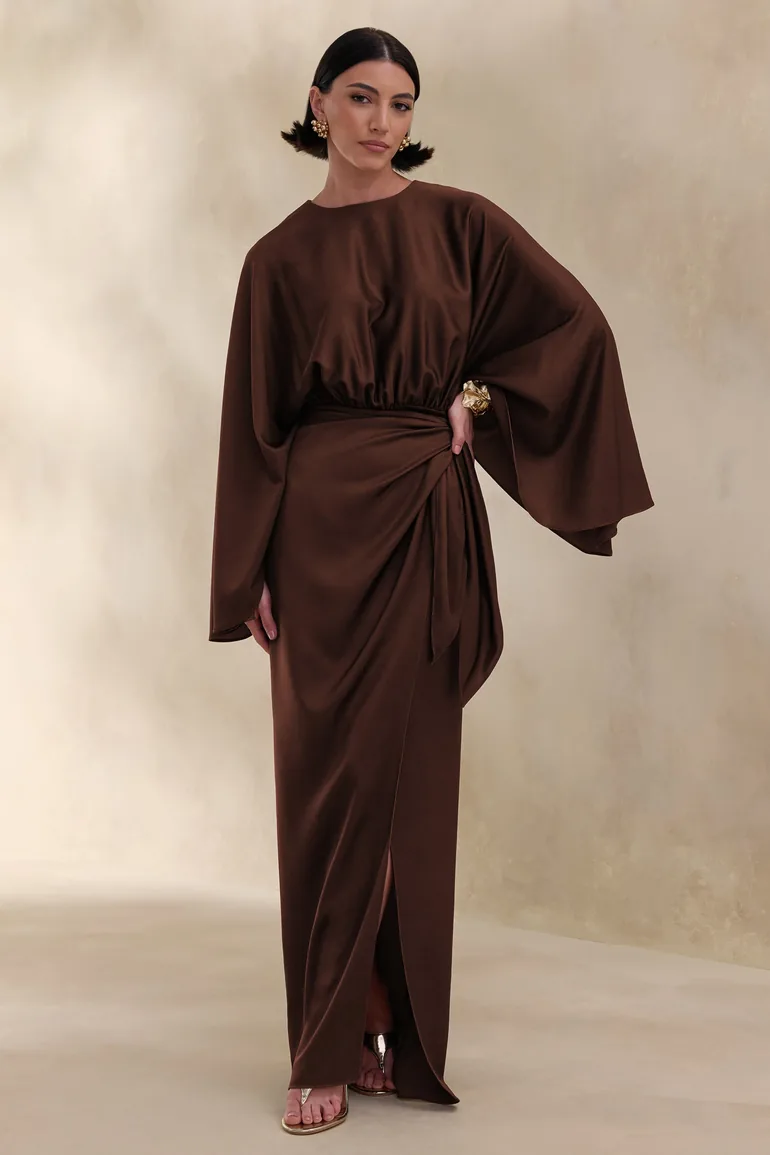 Delphina | Brown Satin Maxi Dress With Gathered And Knot-Detail - 3