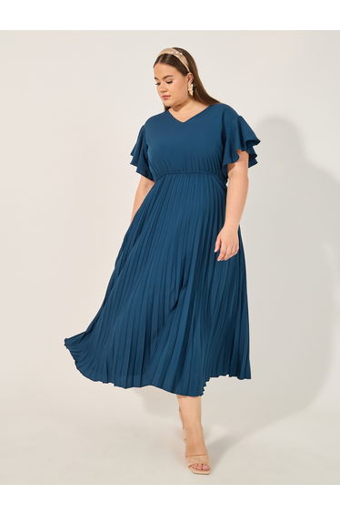 Plus Size Solid Accordion Pleated A-Line Midi Dress