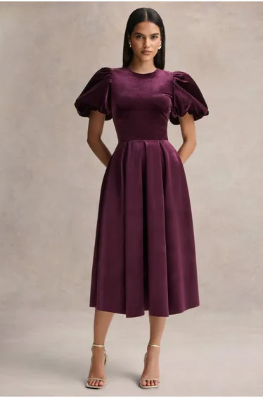 Seraphic | Burgundy Velvet Puff-Sleeve Midi Dress