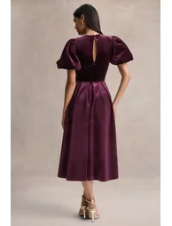 Seraphic | Burgundy Velvet Puff-Sleeve Midi Dress - 1