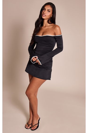 Black Slinky Contrast Off The Shoulder Shift Dress