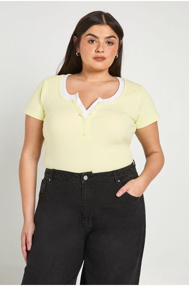 Plus Ribbed Contrast Henley Button Short Sleeve Top - lemon