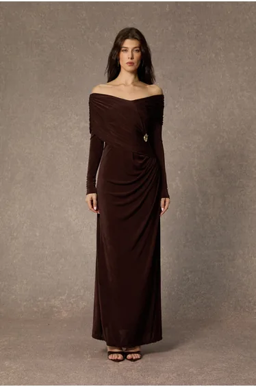 Always Remarkable Brown Off Shoulder Gathered Maxi Dress