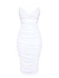 White Crinkle Texture Ruched Cowl Neck Midi Dress - 2