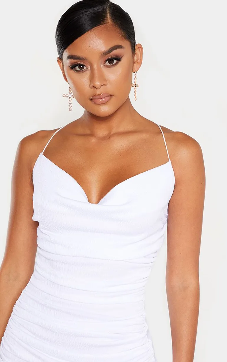 Shop White Crinkle Texture Ruched Cowl Neck Midi Dress Online in Kazakhstan