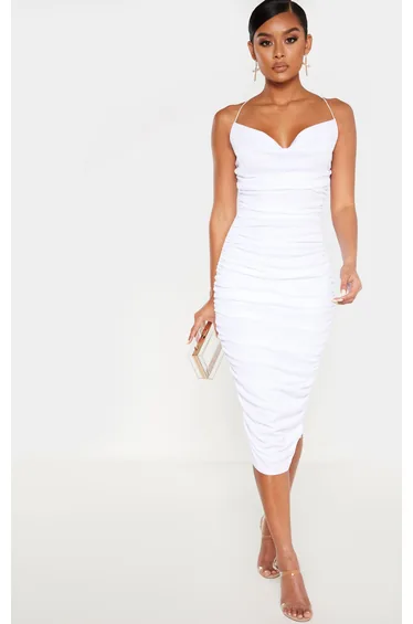 فستان ميدي مزموم بياقة منسدلة - أبيض