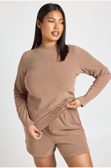 Plus Soft Rib Stripe Long Sleeve Top & Short Pyjama Set - chocolate